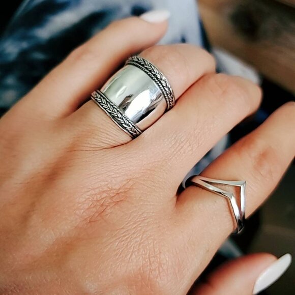 Concave Ring, Bali Sterling Silver Ring - Braided Wide Band Ring, Statement - Picture 1 of 9